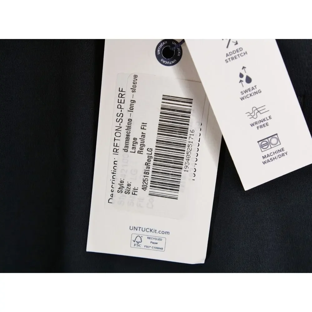 NWT UNTUCKit Ireton Damaschino Polo Mens Large Black Long Sleeve Ribbon Buttons